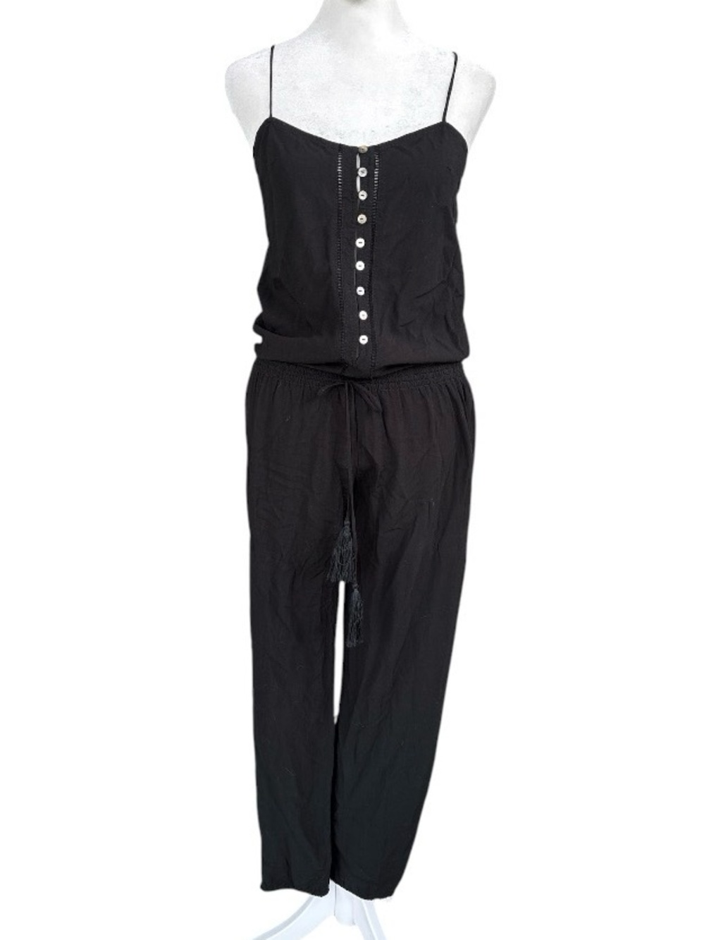 Indah Button Front Rayon Romper with Tassels Black S